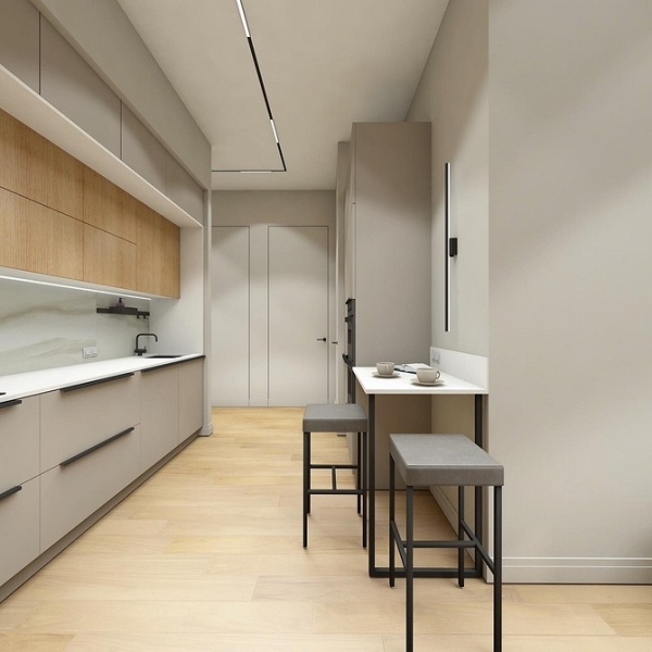 Кухня в коридоре: плюсы и минусы, особенности согласования и 4 варианта планировки (62 фото)